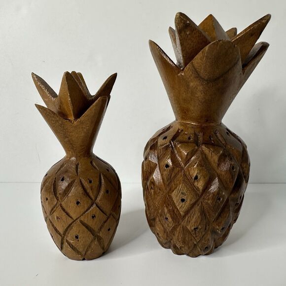 MCM 2 Hand Carved Pineapple Toothpick Holders Appetizer Cheese Kitchen 6" 8" Vtg - Picture 14 of 16